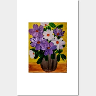 Abstract purple and white floweres im a silver vase Posters and Art